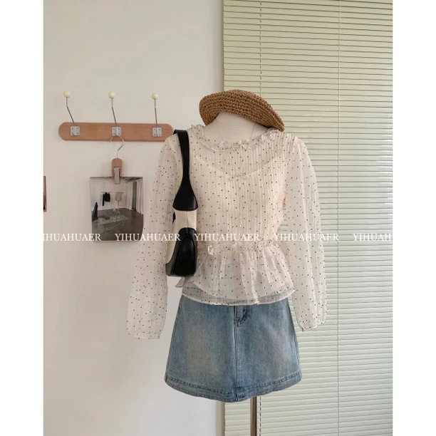 东大门韩版显瘦精致百搭设计感长袖小众波点衬衫➕吊带两件套2479