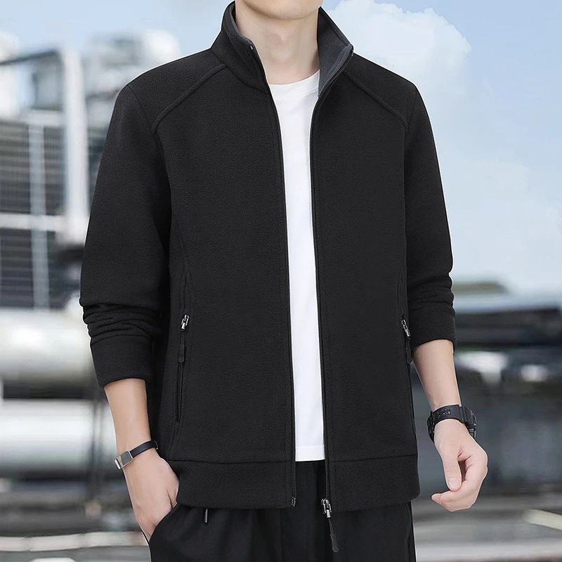 秋冬新款高档双面绒抓绒衣男士百搭潮牌上衣加绒加厚大码保暖外套
