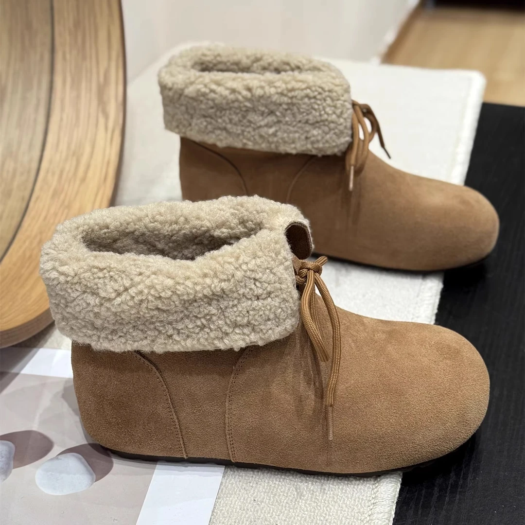 时尚翻领羔羔毛加绒系带雪地靴女2025新款冬季加厚保暖内增高棉靴