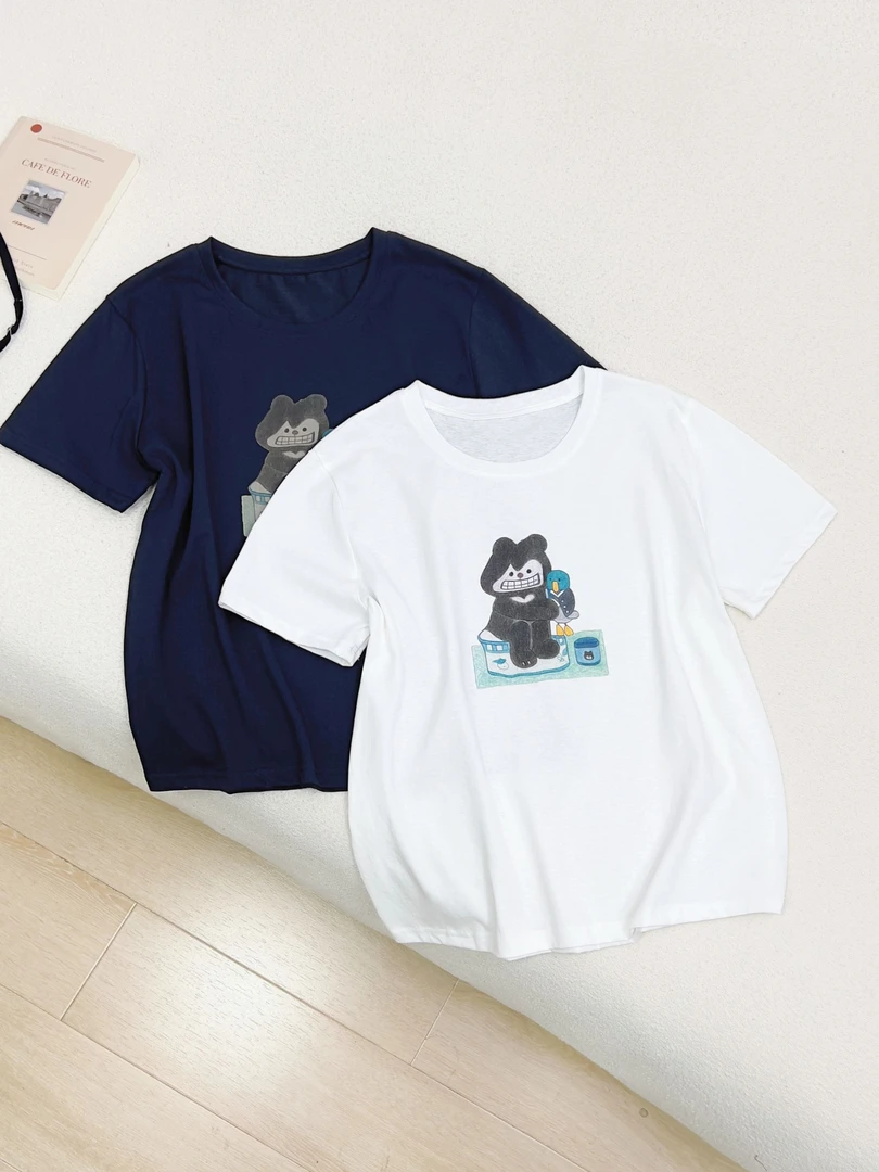 【女王洛克】韩版休闲简约雪花棉卡通印花短袖洋气衣服女LK82293