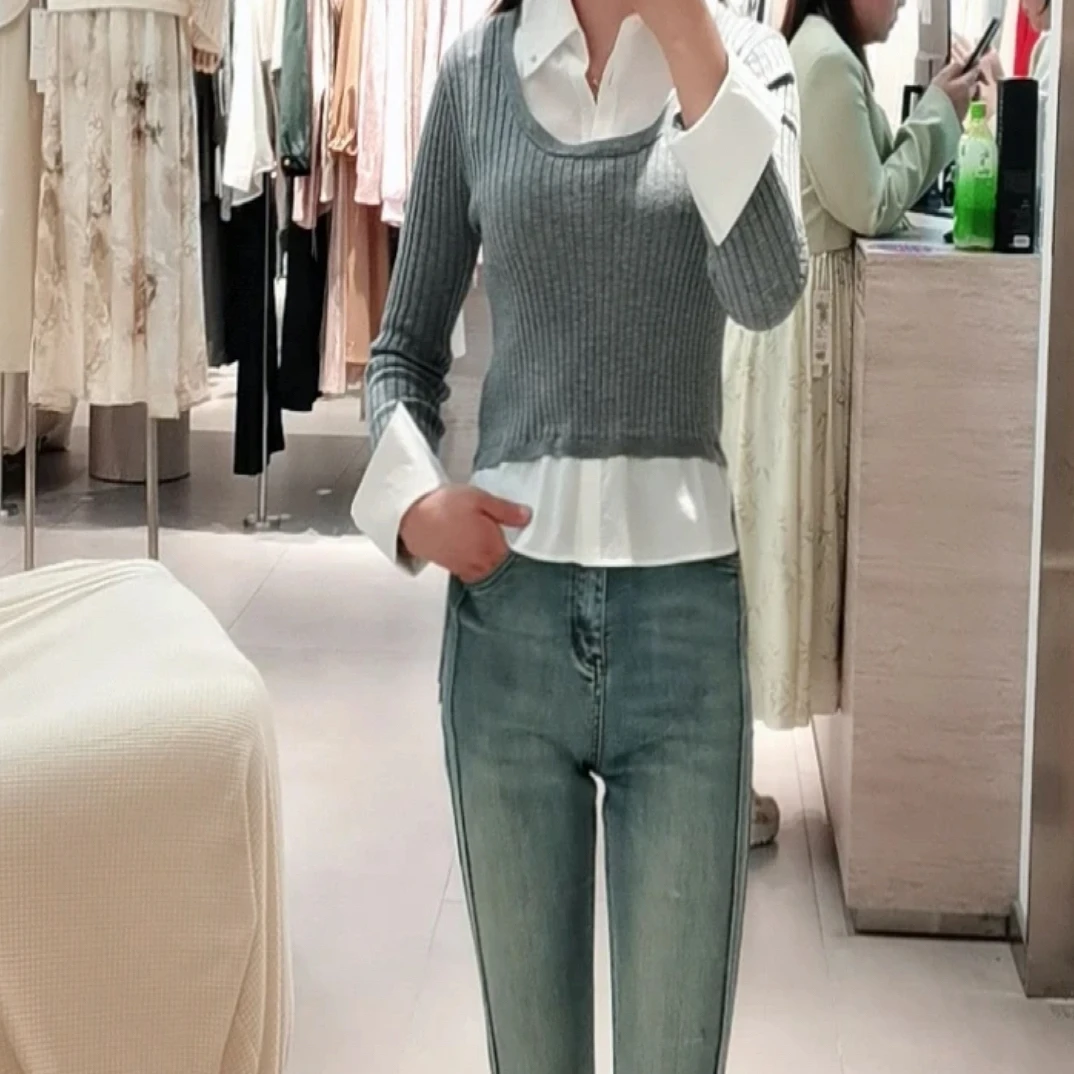 假两件蓝色长袖针织衬衫女秋季设计感小众法式上衣