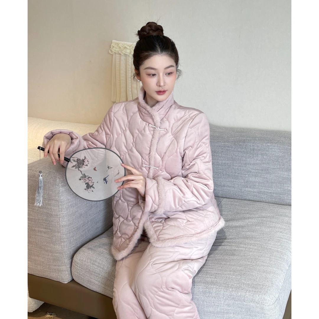 【蔓桃】新中式夹棉厚绒冬款两件套家居服显白可外穿睡衣套装女保暖