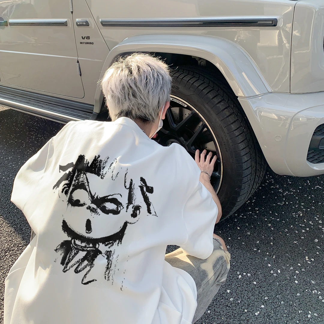 国风动漫纯棉重磅短袖t恤男夏季国潮大码overseas宽松情侣五分袖