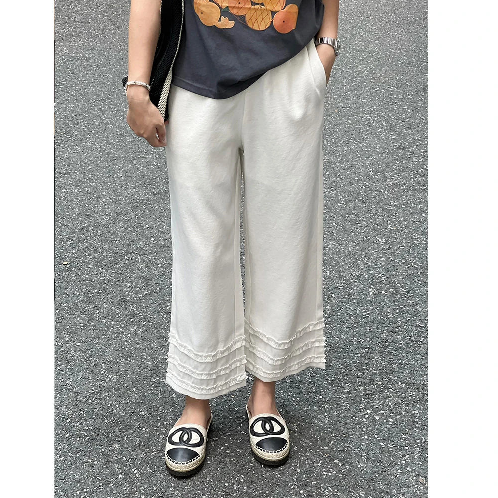 WenWen小个子夏新2025韩版新款高腰裤脚木耳边直筒九分裤4149