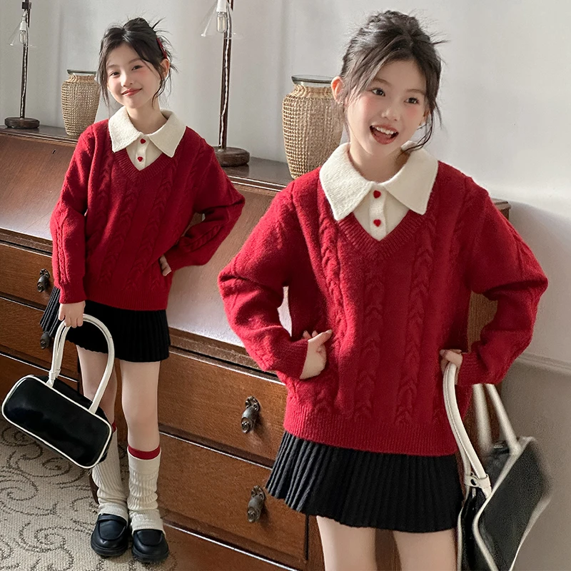 女童毛衣2025新款洋气儿童秋装针织衫中大童学院风衬衫翻领加厚