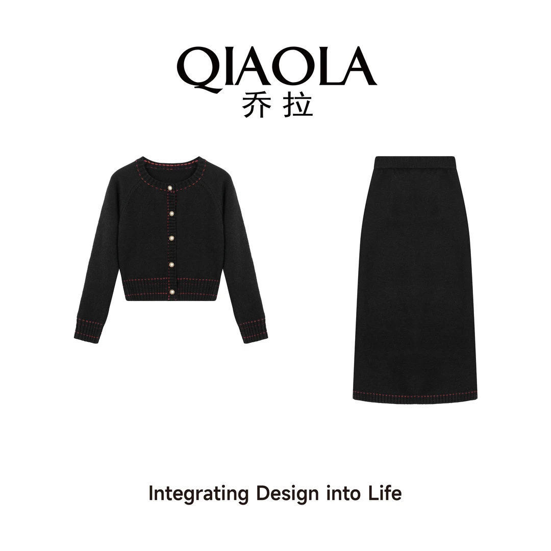 QIAOLA/乔拉【一见倾心】秋冬季北极绒虚线边圆领百搭时尚套装预售