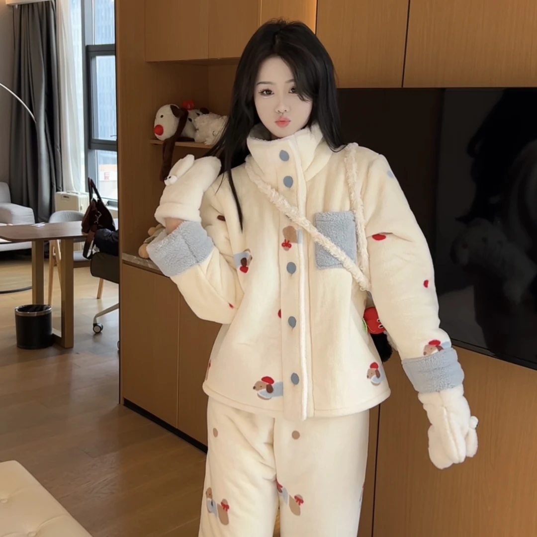 【阿紫专属】腊肠狗冬季加绒加厚保暖可爱精气质显瘦睡衣家居服套装