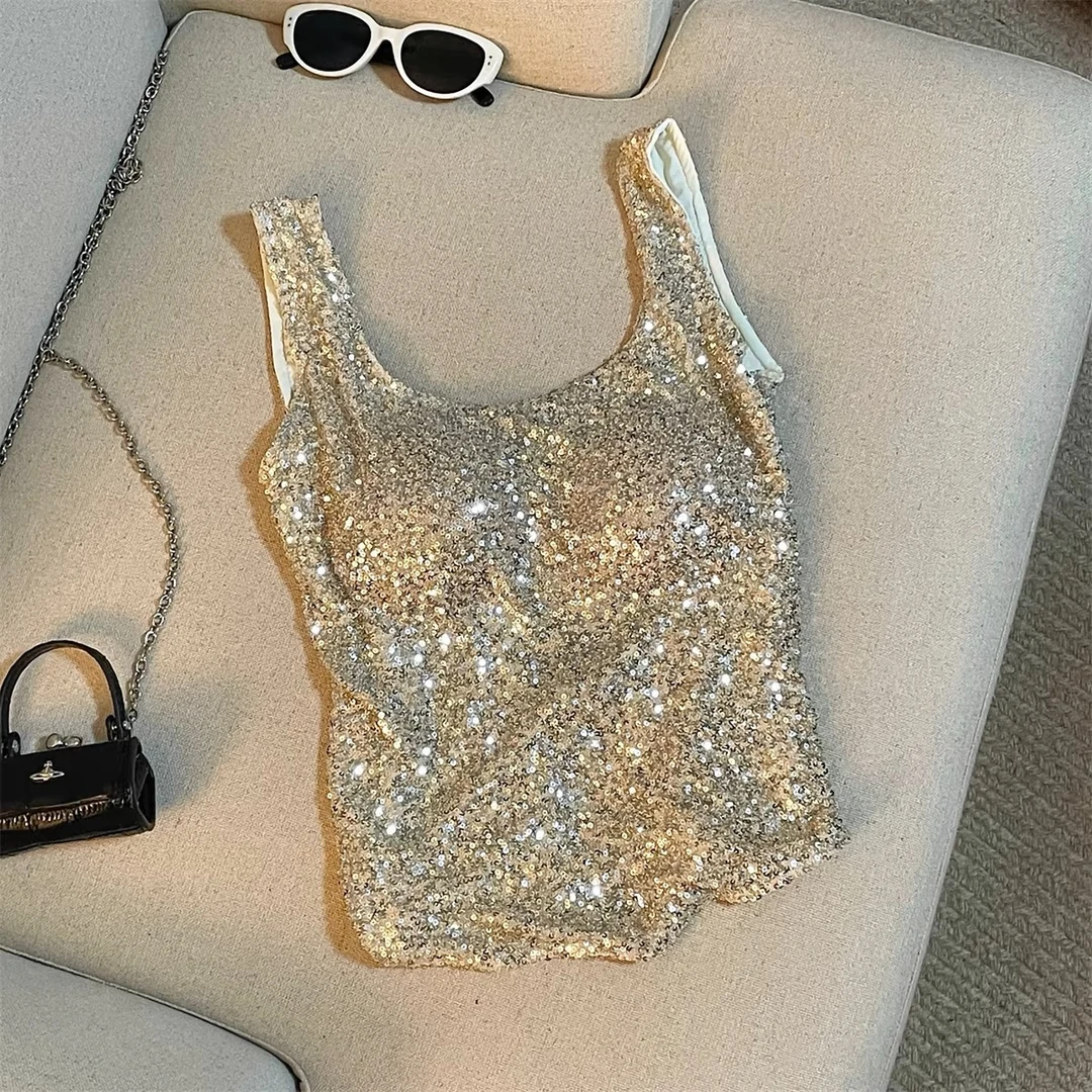 法式高级感亮片抹胸吊带上衣女西装内搭美背文胸一体外穿无袖背心