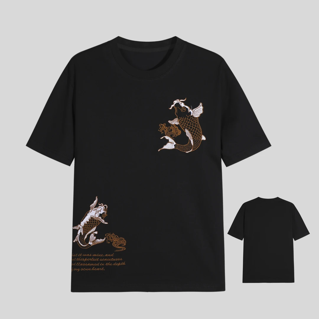 【花1】2025年夏季轻奢短袖男士国风鲤鱼刺绣T恤 y342