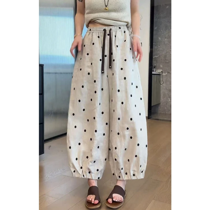 艾塔莉波点简约韩系休闲裤女夏季百搭梨型身材遮肉宽松阔腿裤显瘦