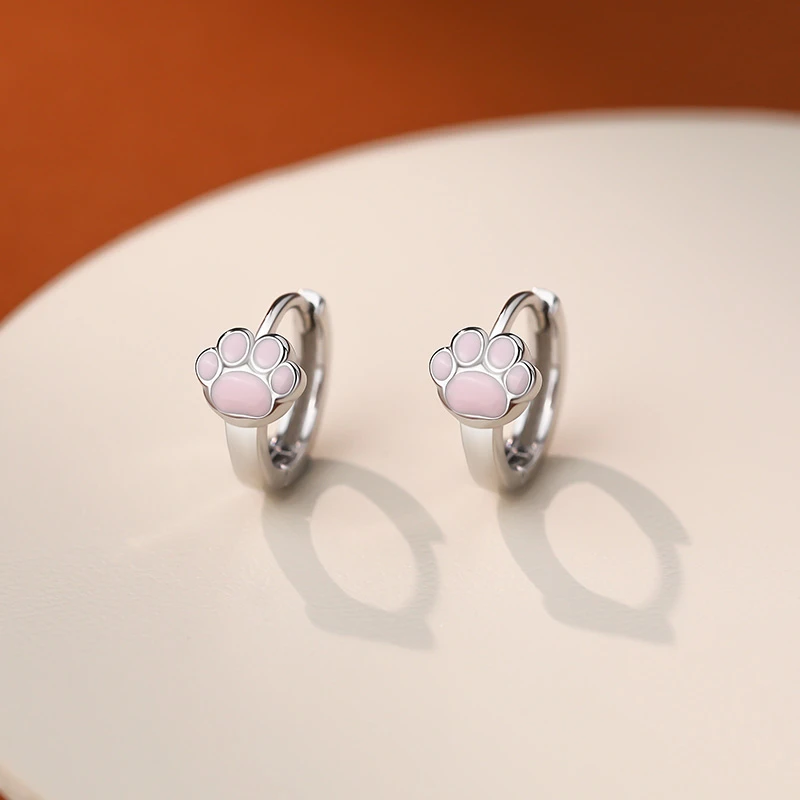 925银耳饰 S925纯银粉色猫爪耳扣女小众设计感耳环圈养耳个性时尚