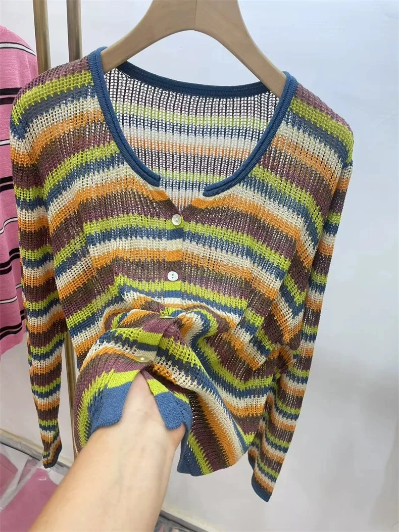 条纹圆领长袖针织毛针织衫开衫68217