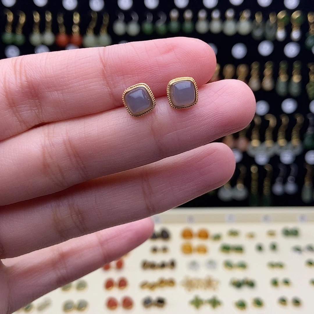 南红玛瑙银S925镀金镶嵌耳饰