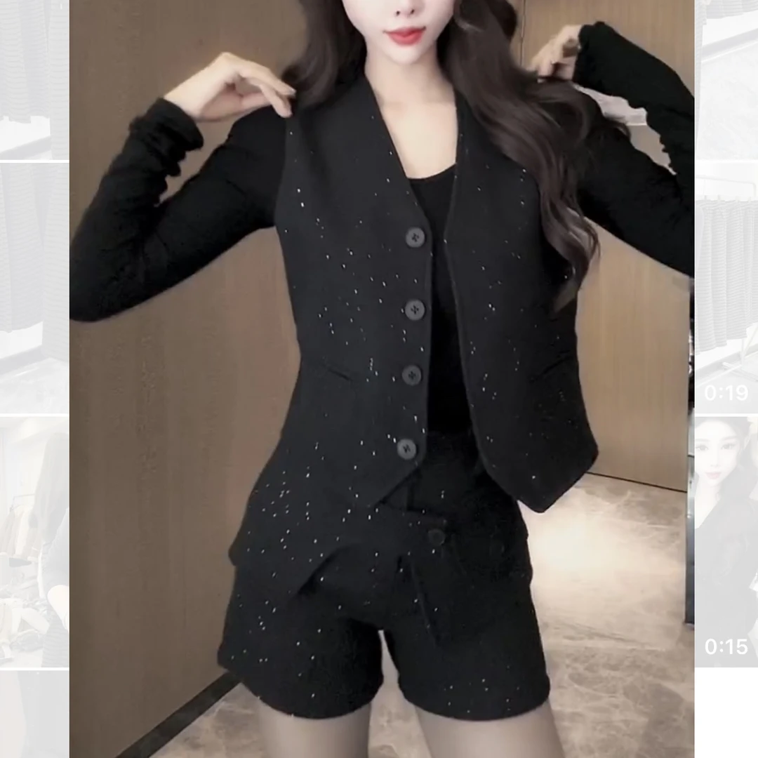 早秋新款小香风蝴蝶结马甲长袖打底衫高腰阔腿八分裤显瘦女装套装