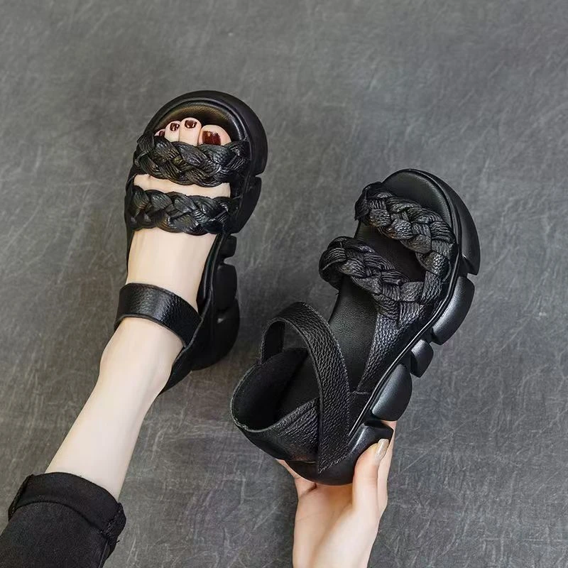 2025年夏季新款松糕厚底凉鞋女软皮编织露趾鱼嘴鞋包跟休闲罗马鞋