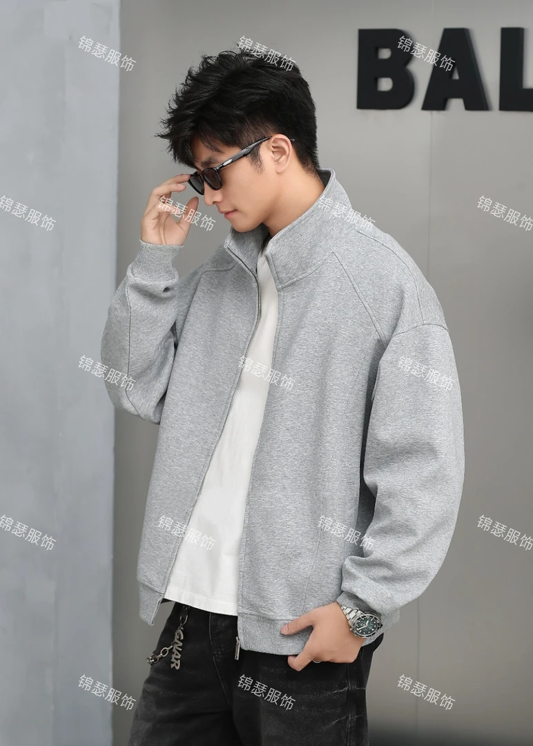 【锦瑟服饰】男立领秋冬拉链宽松秋季美式宽松男士夹克纯色休闲上衣