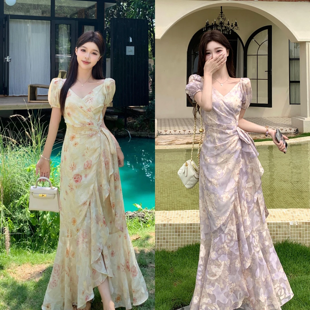 大码夏天浪漫的裙摆 一片式绑带法式浪漫印花连衣裙