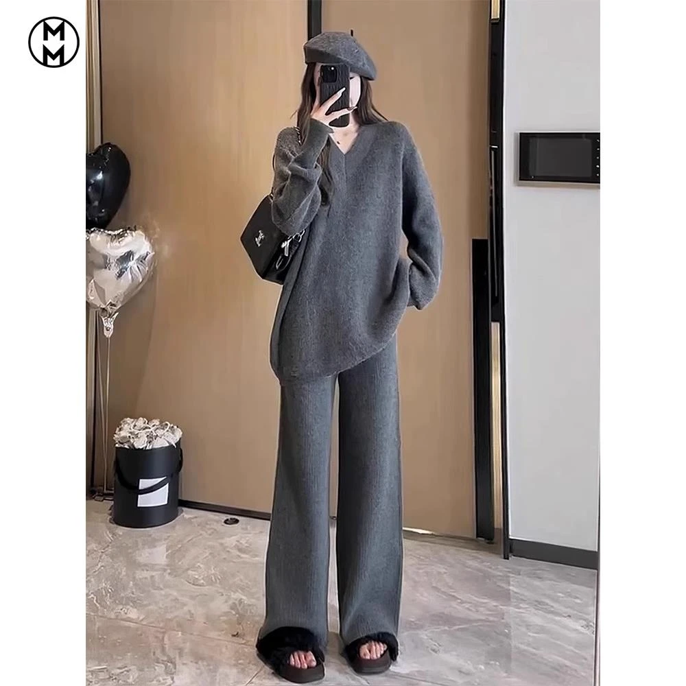 MM大码微胖深秋装搭配一整套慵懒风休闲裤毛衣两件套针织套装时髦