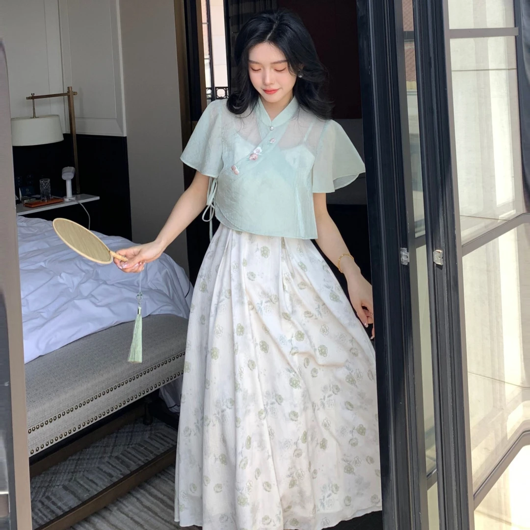 Blovelan木兮烟清 气质珍珠印花吊带裙