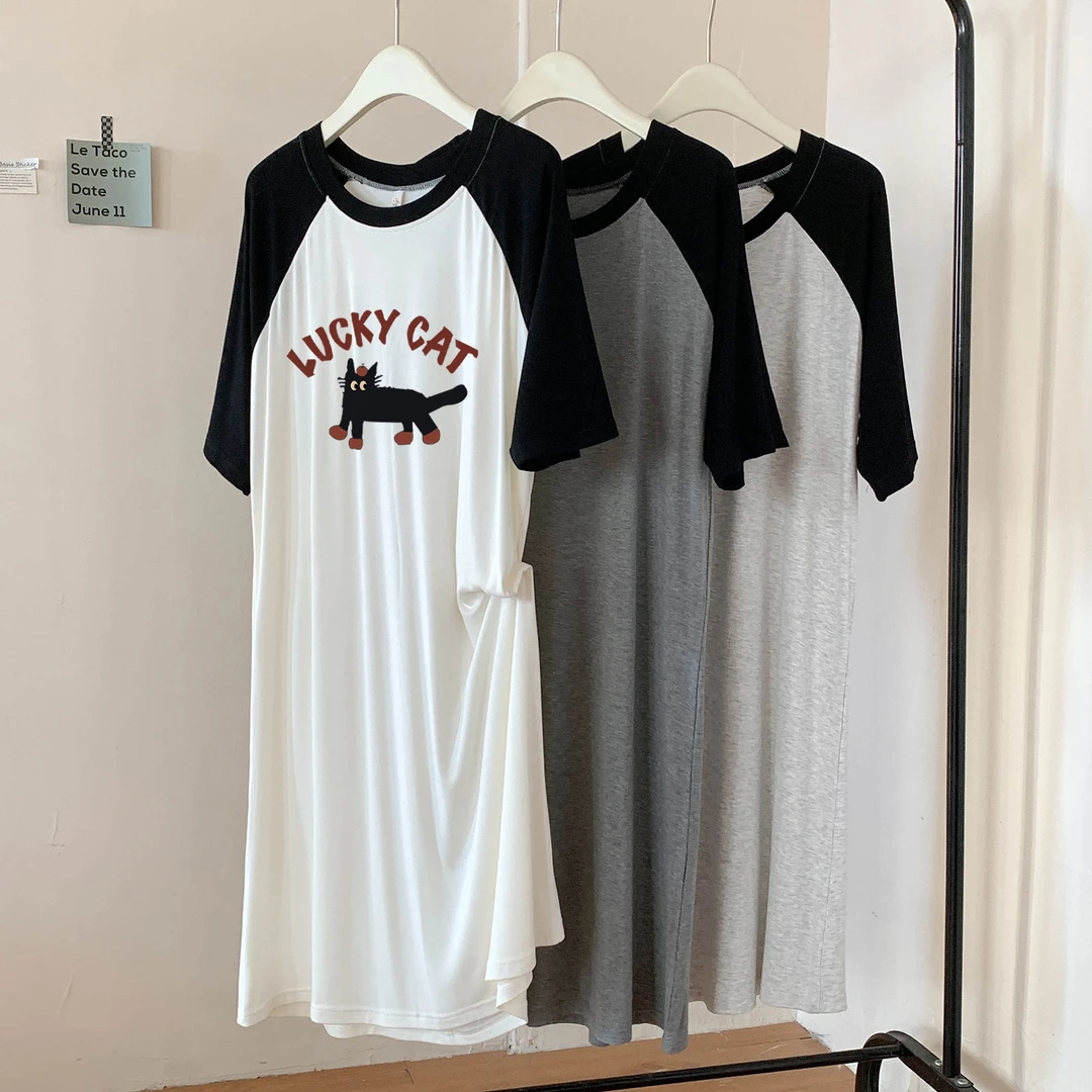 莫代尔睡裙女夏季新款卡通可爱猫咪短袖拼接休闲舒适家居服睡衣裙