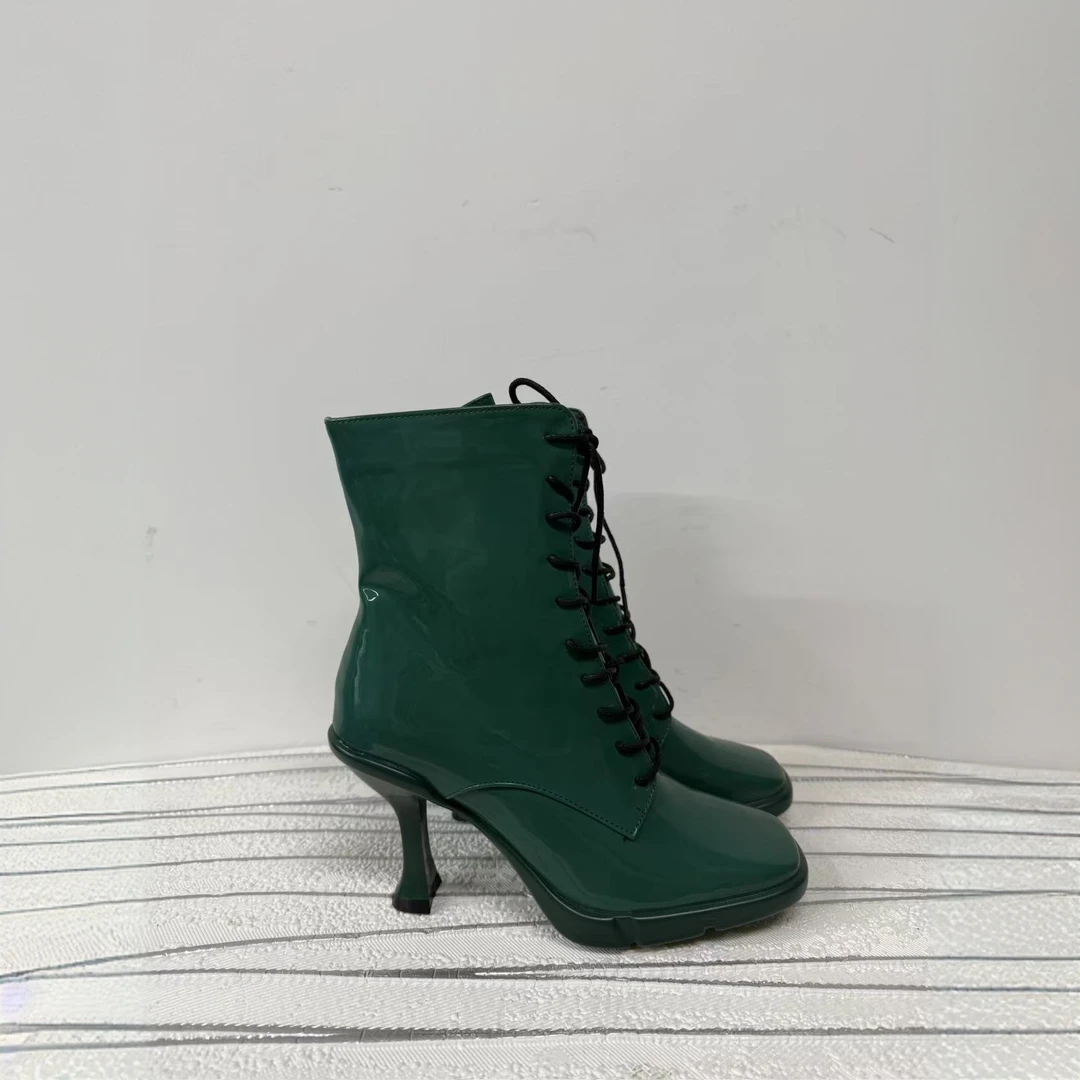 短靴尖头低跟粗跟系带女靴气质女士漆皮方头时装靴绿色