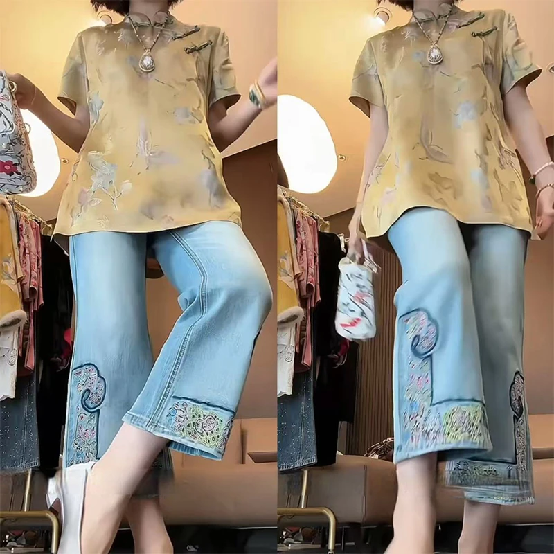 时尚套装女2025新款夏季新中式国风印花盘扣衬衫刺绣牛仔裤两件套