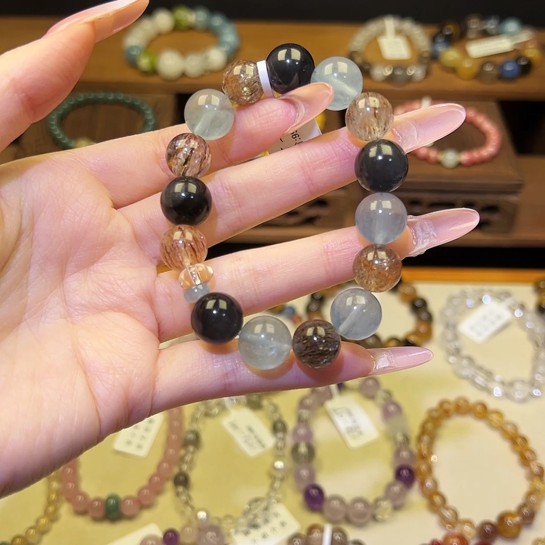 水晶银S925镀金镶嵌手串黑金超1705