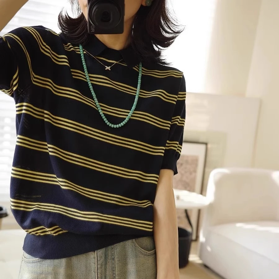 学院风显瘦polo领条纹针织衫女2025夏季新款时尚复古短袖T恤上衣