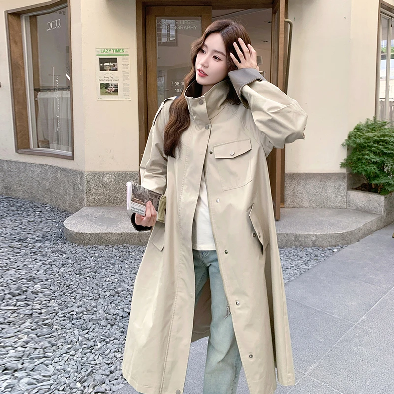 浅卡其设计感立领撞色风衣外套女春秋新款正流行oversize宽松大衣