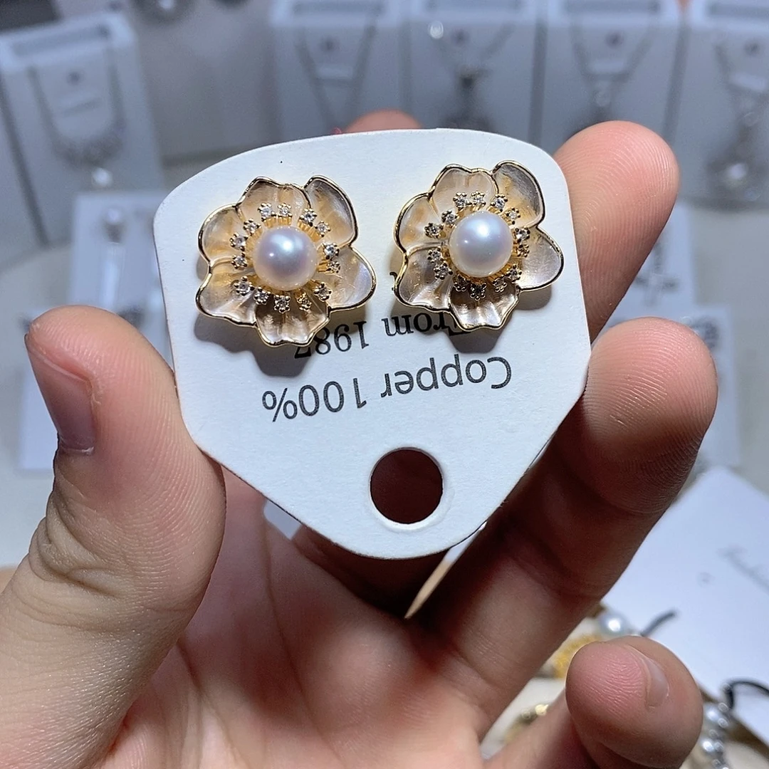 耳饰银S925镶嵌淡水珍珠