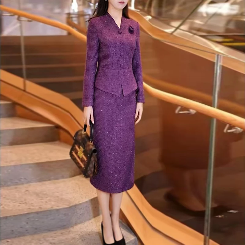 小香风连衣裙女冬紫色长款修身显瘦气质假两件包臀一步裙1863