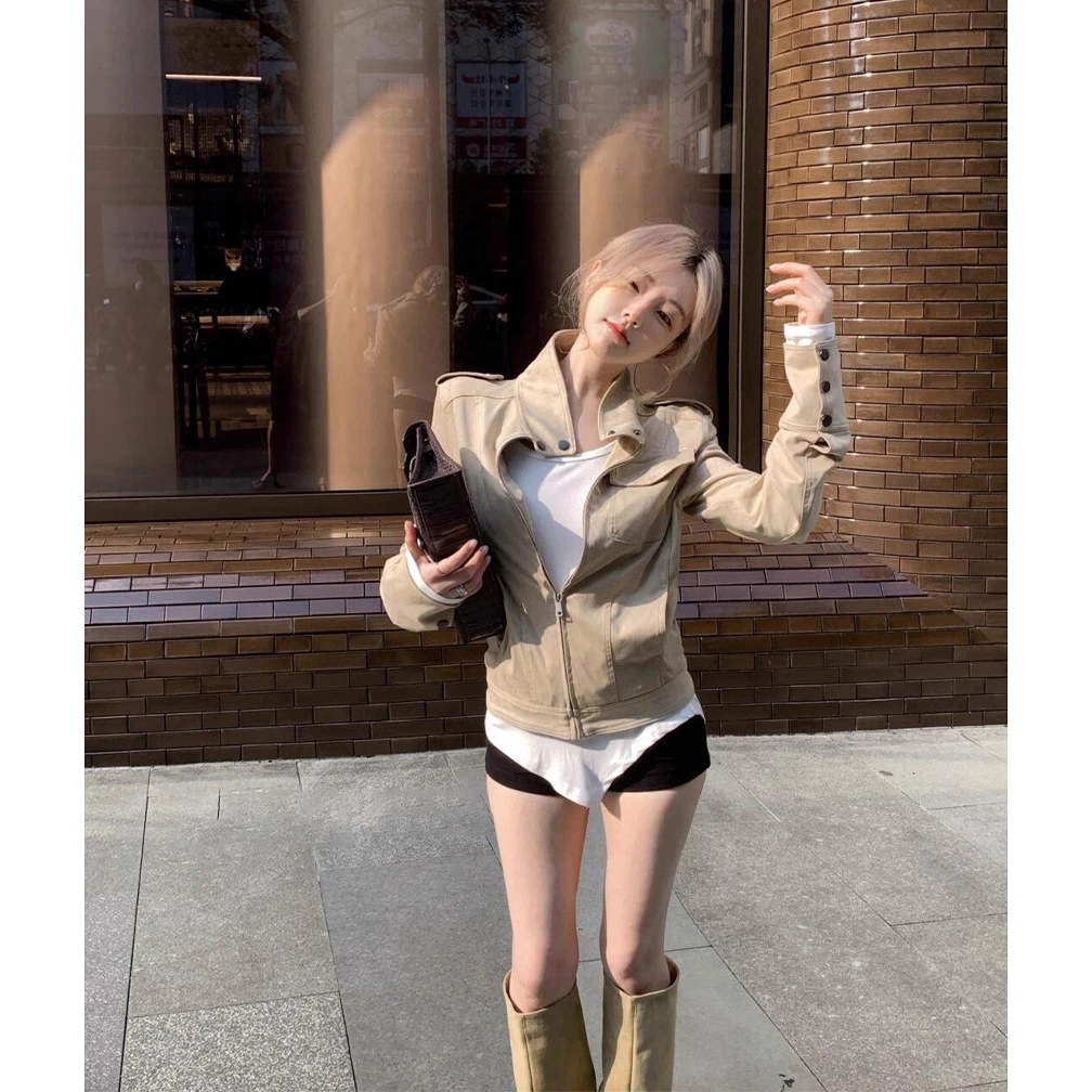 美式复古辣妹卡其色立领长袖开衫外套女2025早秋新款短款夹克上衣