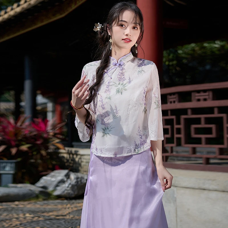 好质量中式国风提花刺绣盘扣立领网纱中袖上衣搭配花边半身裙套装