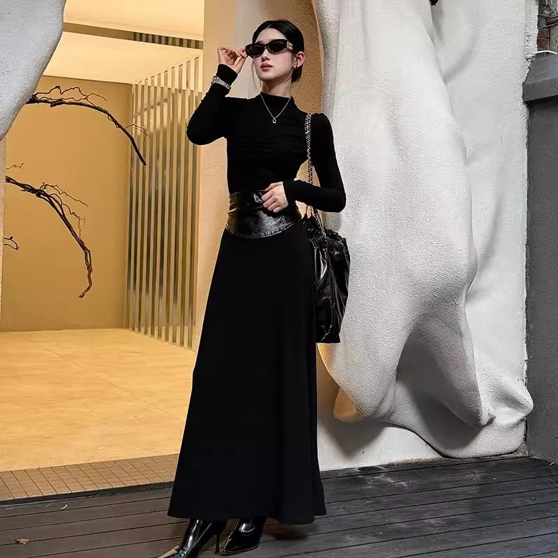 秋冬新款腰封黑色连衣裙美式修身辣妹针织磨毛半高领显瘦A字裙