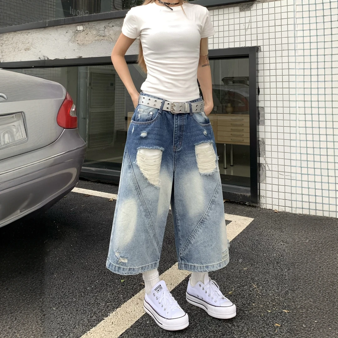 大码美式复古阔腿7分牛仔裤女夏季水洗宽松直筒牛仔中裤男女短裤
