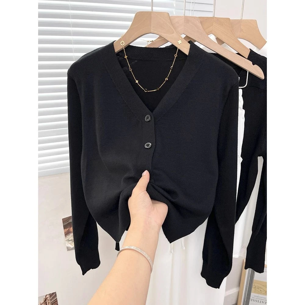 针织衫v领开衫女春秋2025新款薄款毛衣外套春装长袖短款外搭上衣