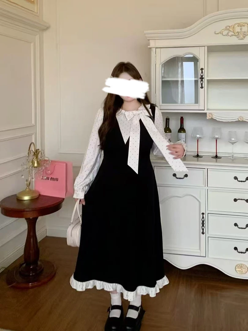 大码法式蝴蝶结假两件连衣裙女秋冬胖mm显瘦遮肚初恋感约会长裙子