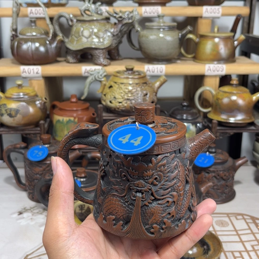 建水紫陶220cc龙凤呈祥壶，全手工制作