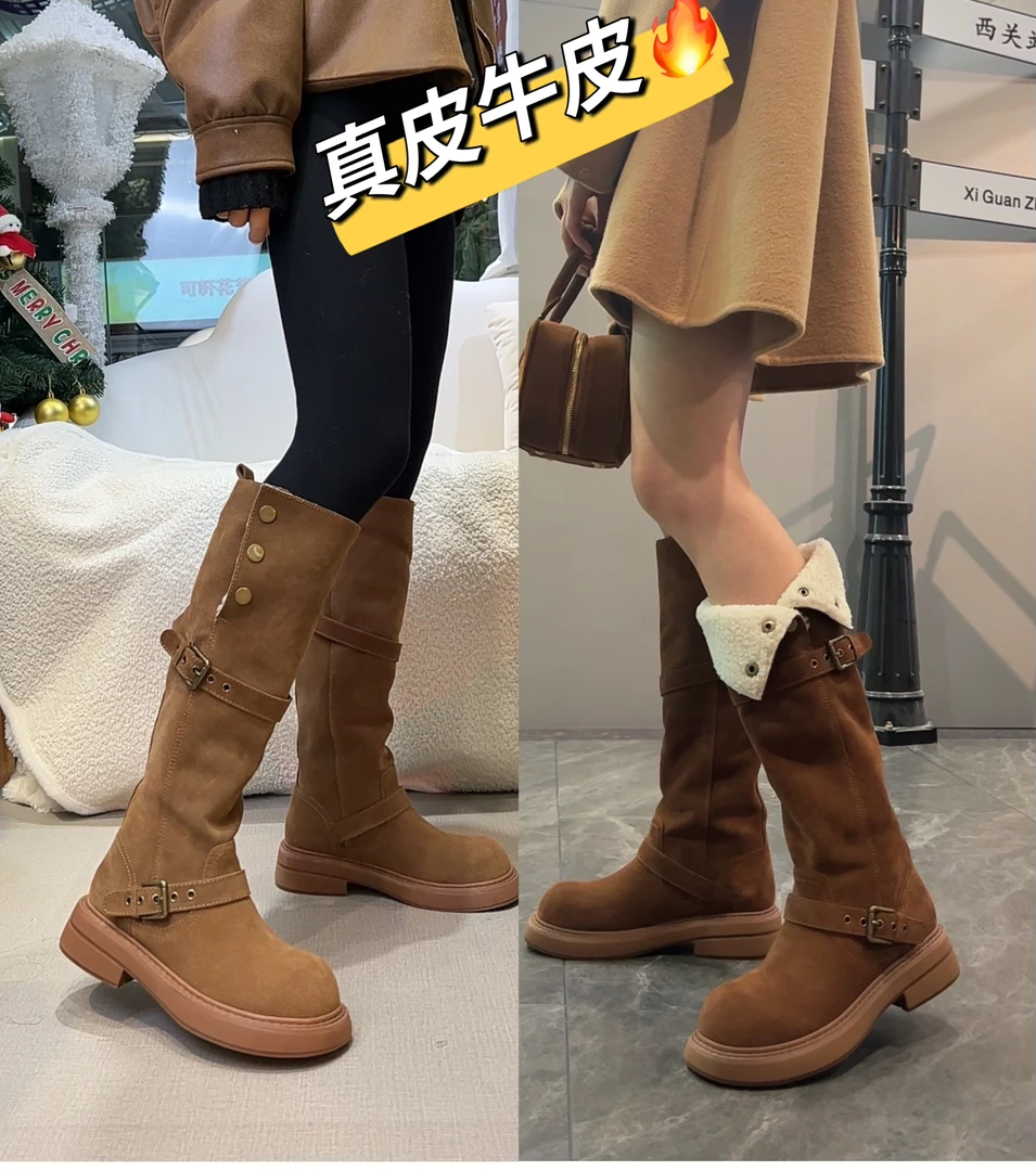广州乐乐私服新款秋冬真皮皮带扣西部靴女长筒骑士靴两穿1788-10