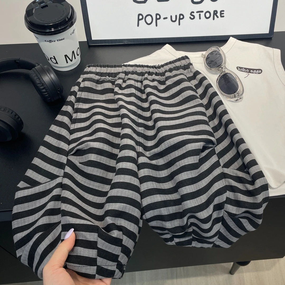 【七分裤】儿童条纹裤夏季新款男童韩版拼接黑灰条纹裤子CK091