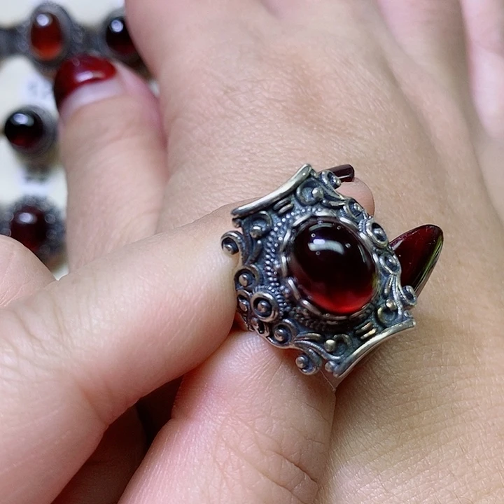 石榴石戒指银S925镶嵌馨*