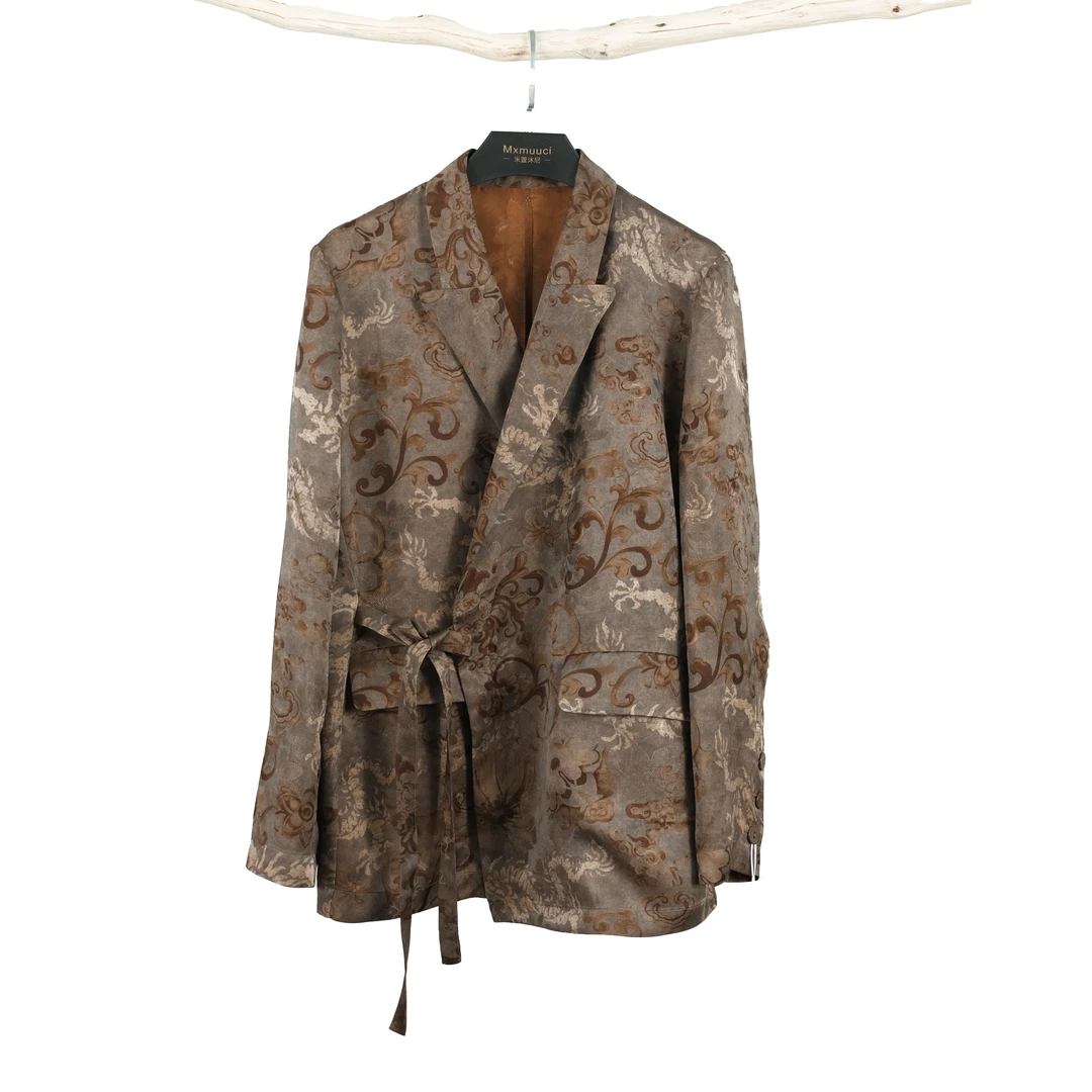 【祥云龙纹红云纱西装】文艺新国风印花小众女式西装气质宽松百搭