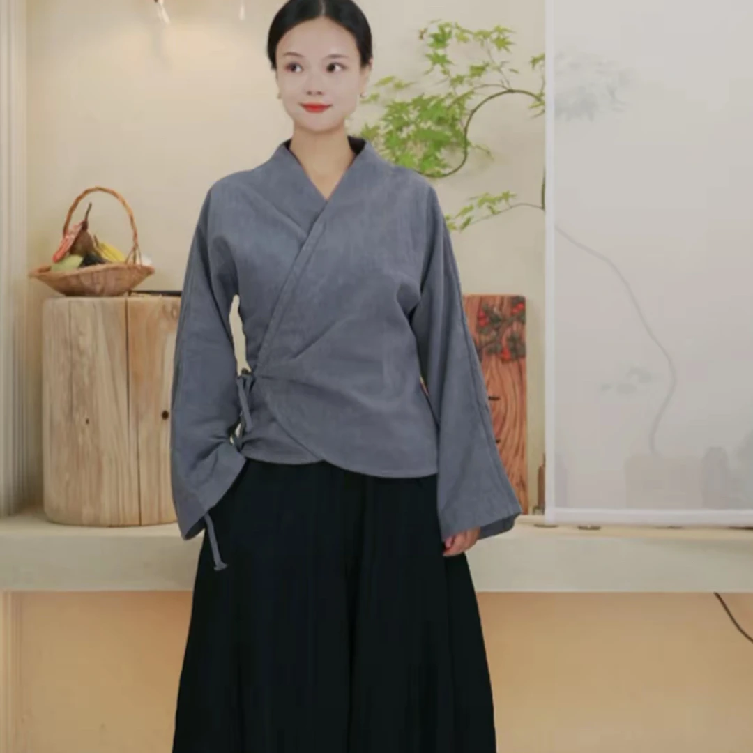 七初棉麻布衣  秋冬经典鞠长衣修身汉服（两根带子）