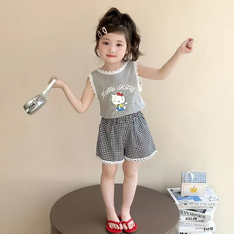 【纯棉套装】女童夏套装新款洋气时髦女宝宝背心格子短裤夏季童装