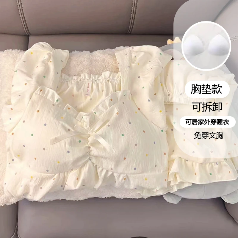 带胸垫睡衣女款夏季薄款短袖圆点甜美公主风夏天新款家居服109