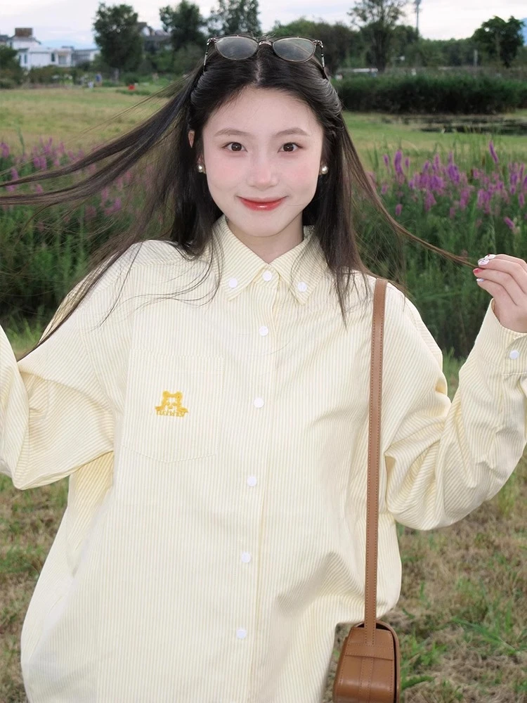 日系甜美刺绣条纹长袖衬衫女早春设计感小众宽松休闲百搭防晒上衣