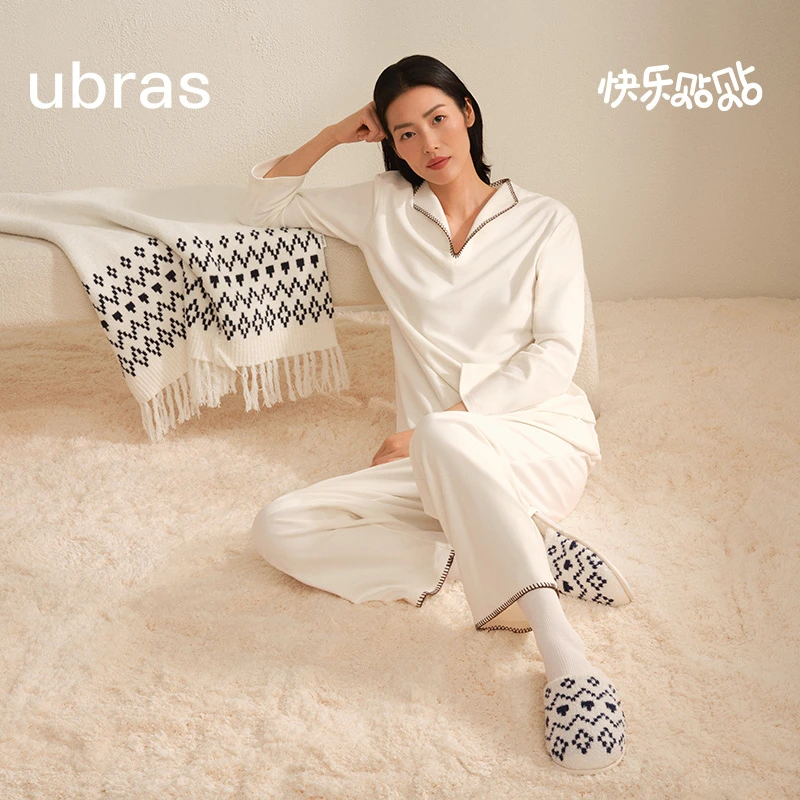 ubras奶酪绒刺绣翻领套头长袖长裤套装男女款情侣简约家居服Dll