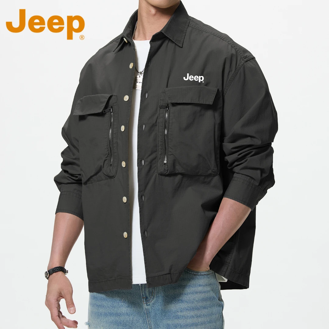 JEEP吉普美式潮牌工装长袖衬衫男款春秋季大口袋宽松休闲外套上衣