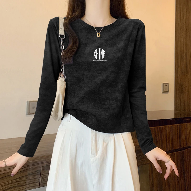 2025新款秋季美式复古扎染长袖t恤女修身显瘦短款打底衫内搭上衣