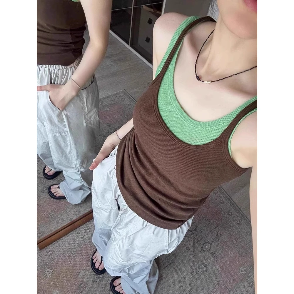 韩系撞色两件套螺纹吊带背心女夏外穿遮副乳修身叠穿内搭无袖上衣